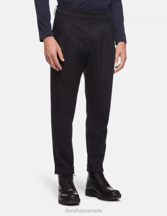 DONDUP Men Oscar Carrot-Fit Wool-Blend Trousers XF8V759 Apparel Navy Blue